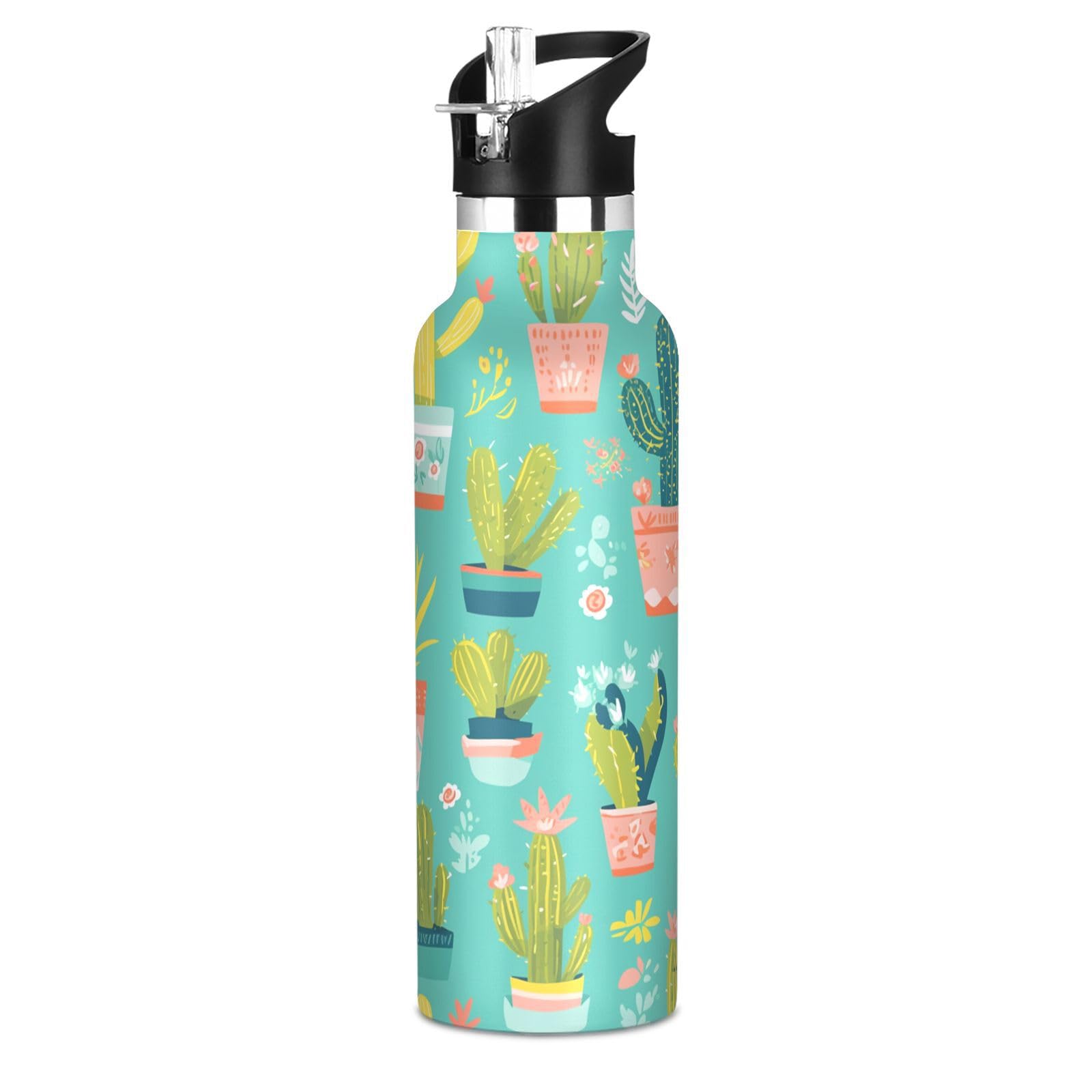 Kaaviyo Boys Pattern Various Cacti Vibrant Water Bottle Stainless Steel Jug Insulated Vacuum Cup For Girls(600Ml)