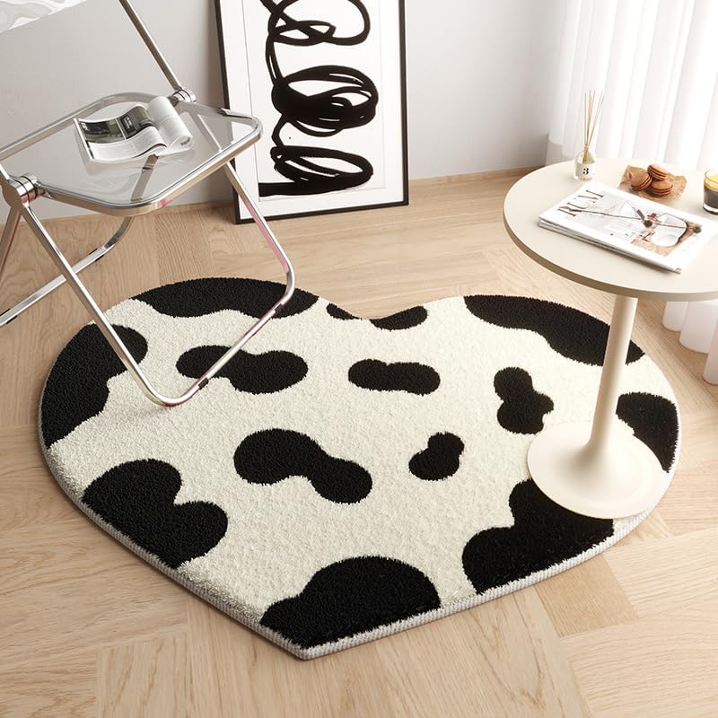 Retro Black White Checkered Rugs with Heart Shaped Shag Rug for Girls Bedroom 48”x48”, Soft Furry Carpets Chair Mat Non-Slip (Checkered, 32''x32'')
