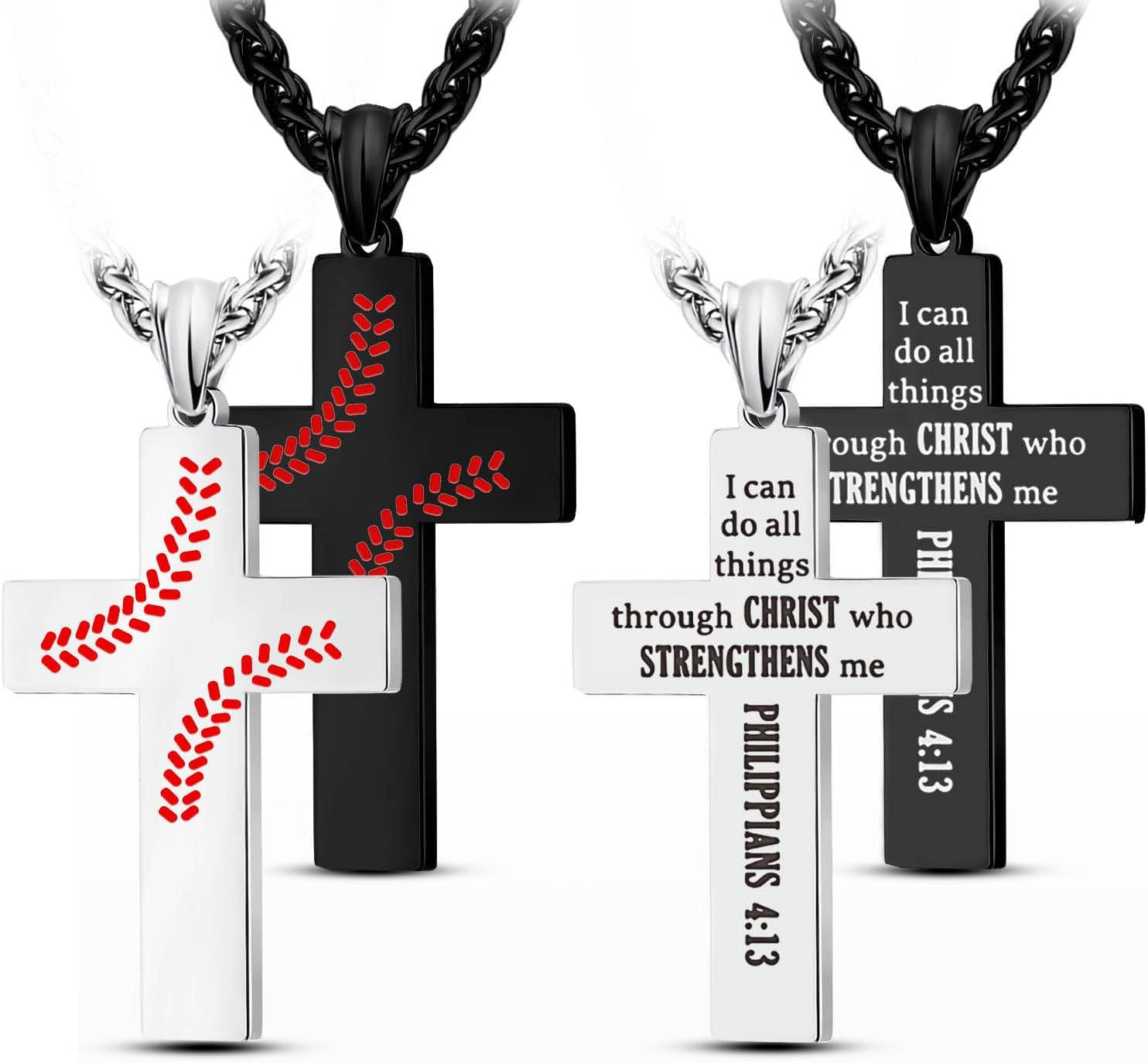 LAOYOU 2Pcs Baseball Cross Necklaces For Men with Bible Verse, Black & Silver Tone Stainless Steel Jewelry Gift Religious Sport Inspirational Quote Necklace with Gift box