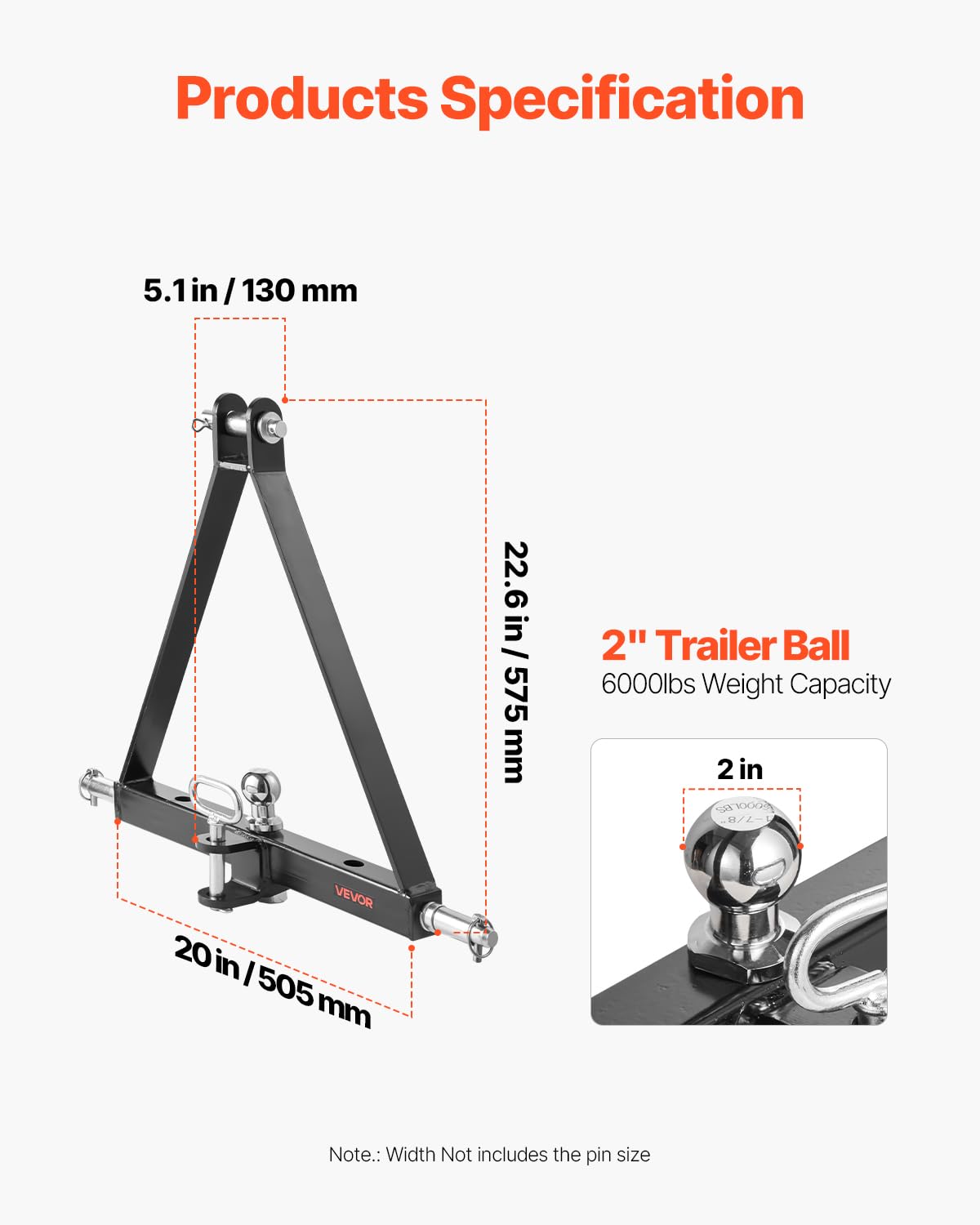 VEVOR 3-Punkt-Anhängerkupplung mit 1-7/8 Zoll Empfänger, 3-Punktaufnahme, 2721 kg, Traktor-Anhängerkupplungsadapter, kompatibel mit Kubota, Mahindra, John Deere, Massey Ferguson, 505x575x130mm