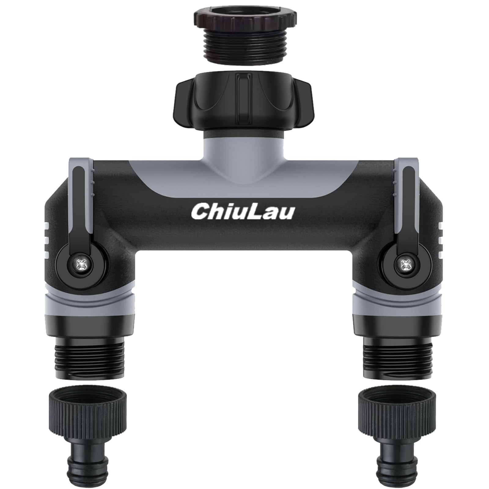 ChiuLau 2 Way Garden Hose Splitter, 3/4" Outdoor Faucet Splitter and Tap Connector, Garden Tap Adapter Hose Connector, Extended Handle Individual On/Off, for Outdoor Gardening(Gray)