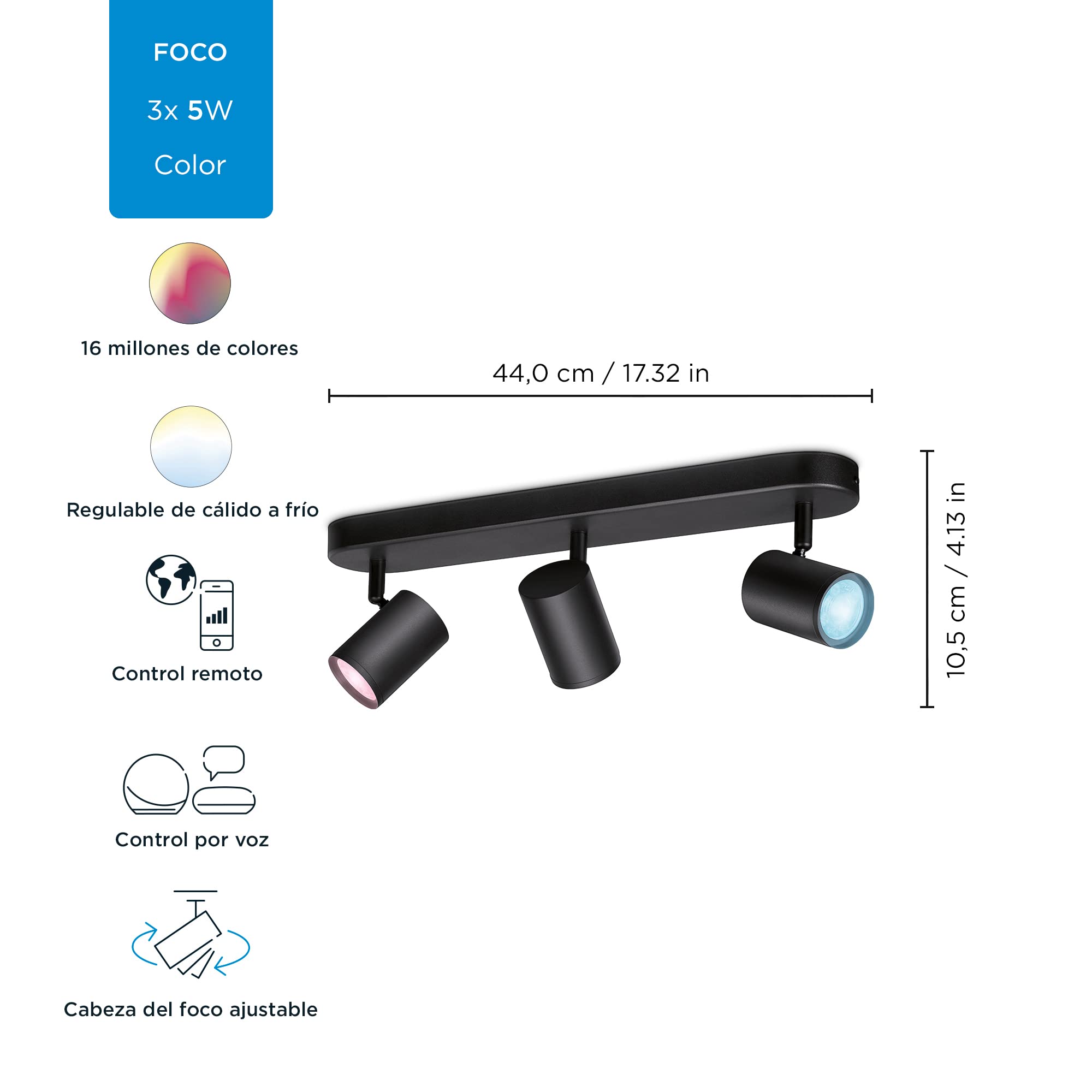 Wiz - Lámpara inteligente, Wiz IMAGEO, 3 Focos LED Inteligentes, Luz Blanca y de Colores, Compatible con Alexa y Google Home, Color Negro