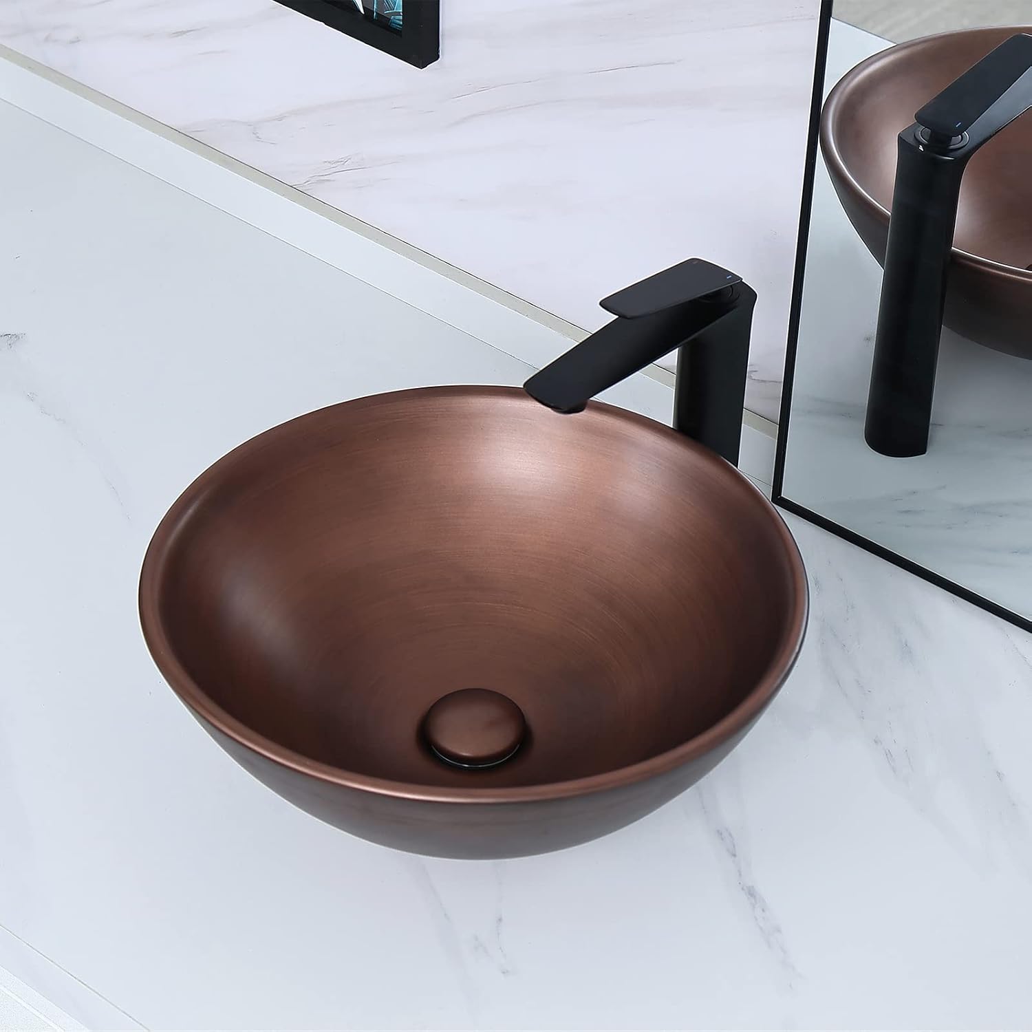 Davivy 16.3'' Brown Round Vessel Sink with Pop Up Drain,Bathroom Vessel Sinks,Ceramic Vessel Sink,Bathroom Sinks Above Counter,Counter top Sink,Round Vessel Sinks for bathrooms