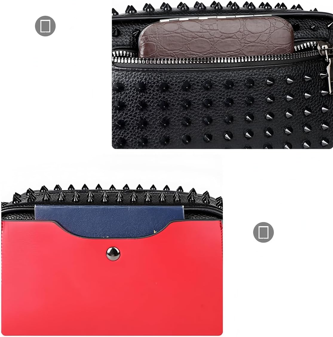 Men's Studded Faux Leather Waist Pack, Material with Metal Spikes, Fashion Crossbody Bag with Zipper (black and red color scheme)