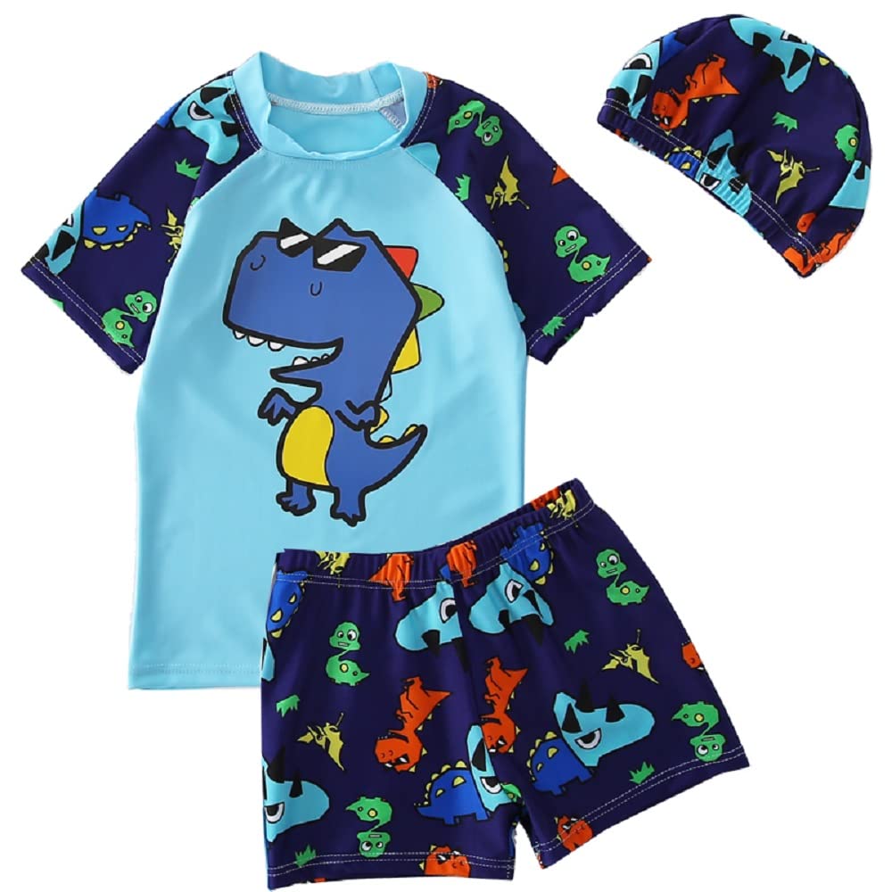 HommyFineKids Multicolor Cartoon Animal Dinosaur Whale Swimwear 3-Piece Set - Rash Guard Top, Board Short Bottom, Swim Hat - Quick Dry - Size 89cm - Unisex - Boys