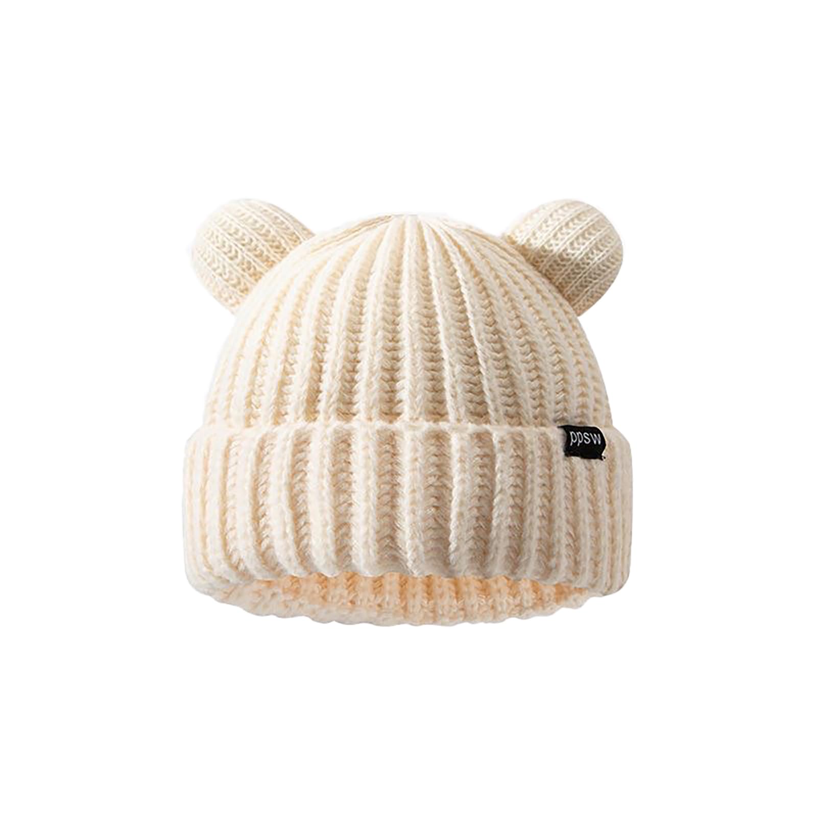 Vptmrp Unisex Biege Bear Ear Beanie Knit Warm Slouchy Crochet Hat, M-L