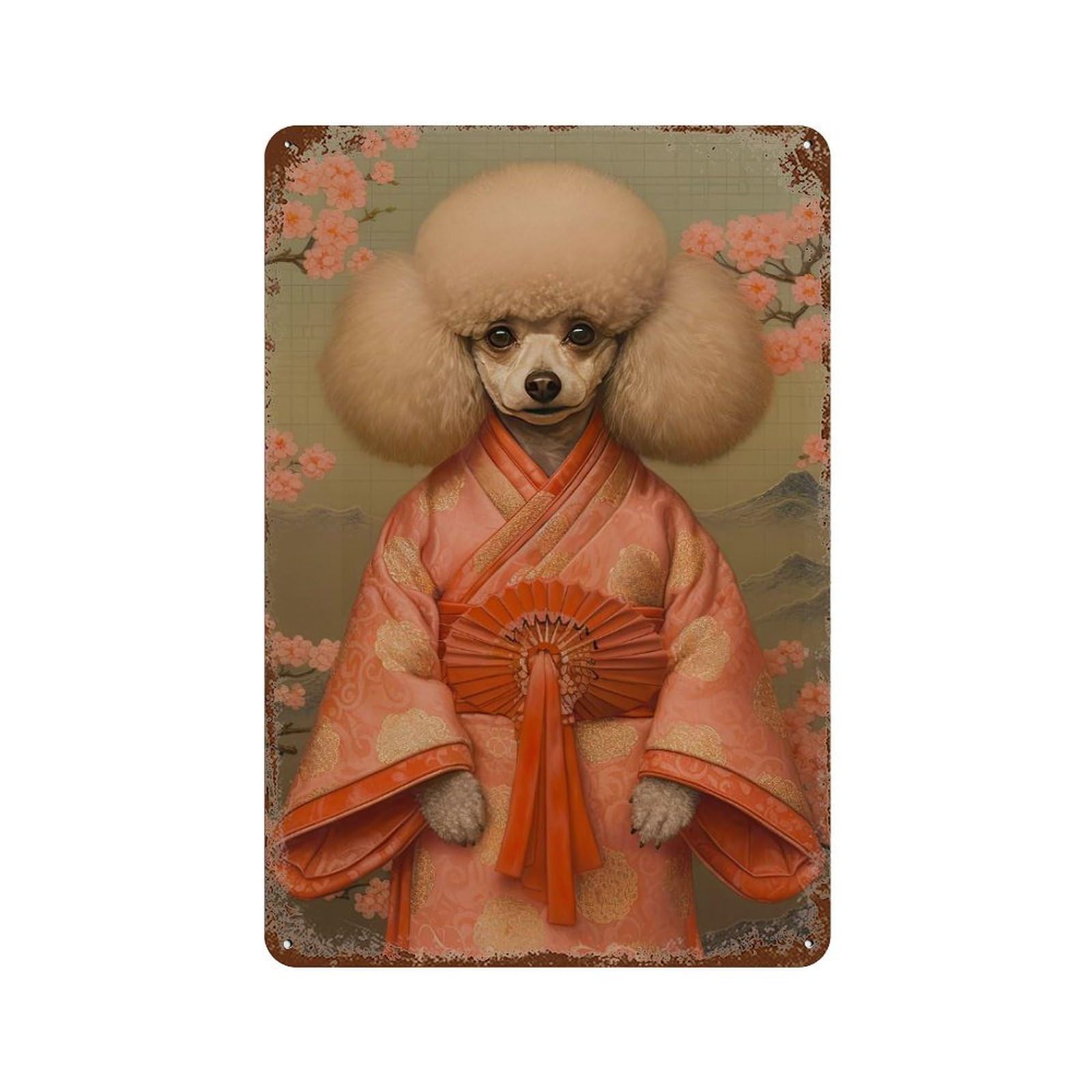 Toy Poodle Geisha Rust Effect Tin Sign 11.8"x7.9", Old School Wall Decor for Living Room, Hallway And Home Decor