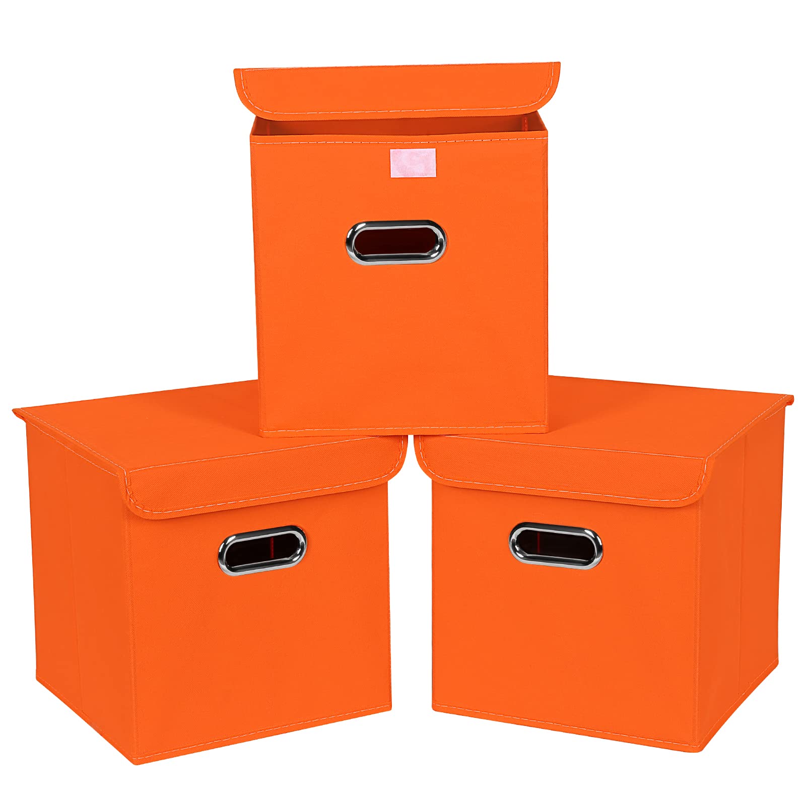 Fabric Storage Cube Bins with Lids Closet Organizers collapsible storage bins basket with Handles for Home,Storage Boxes for Organizing,3 Pack,（orange）
