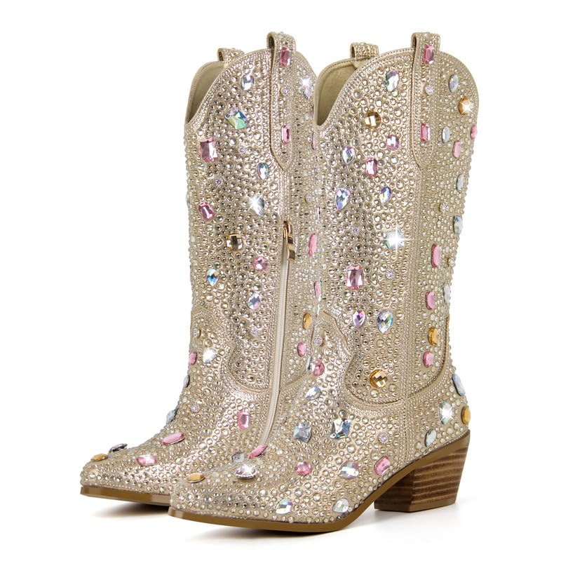 Image of Richealnana Sparkly Rhinestones Cowboy Cowgirl Style Boots Calf High Boots for Women 2INCH Heeled Shining Pull On Tabs