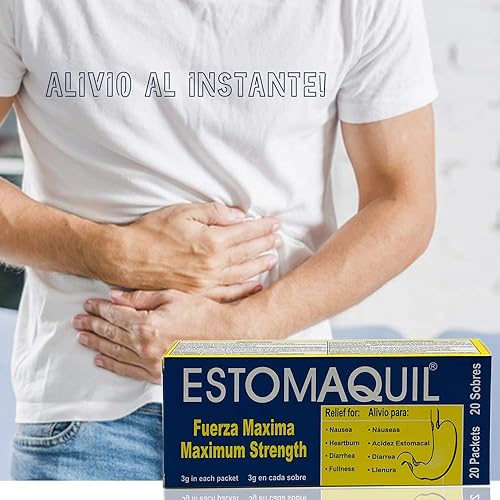 Miniatura 4 de Estomaquil Fuerza máxima, Polvo para ayudarte a aliviar las náuseas, Acidez, Diarrea, Inflamación abdominal, 3 g cada sobre, 20 sobres, Caja.