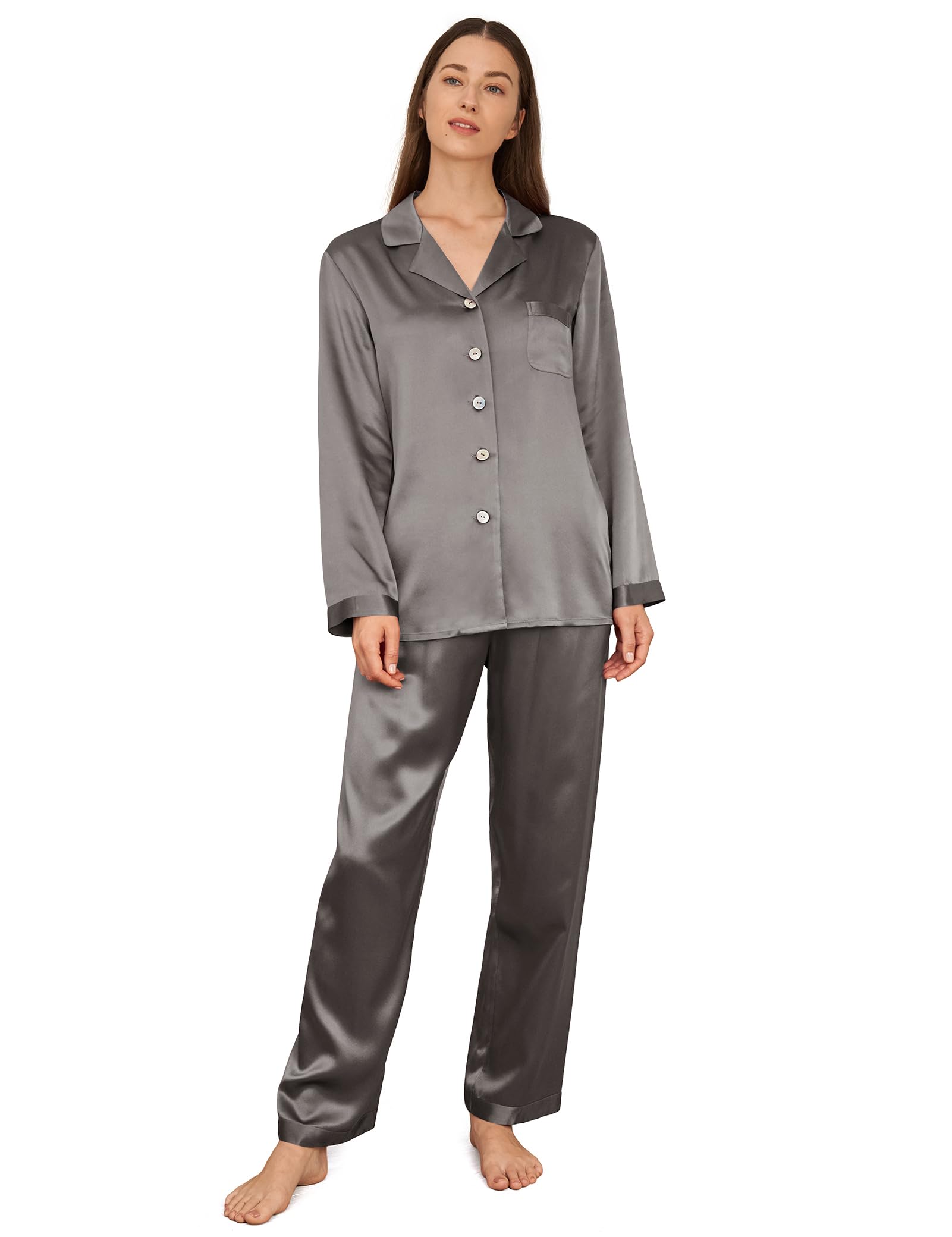 LilySilk Silk Pajamas for Women Pure Full Length Long 22 Momme 100% Mulberry Silk Luxury Large Dark Gray