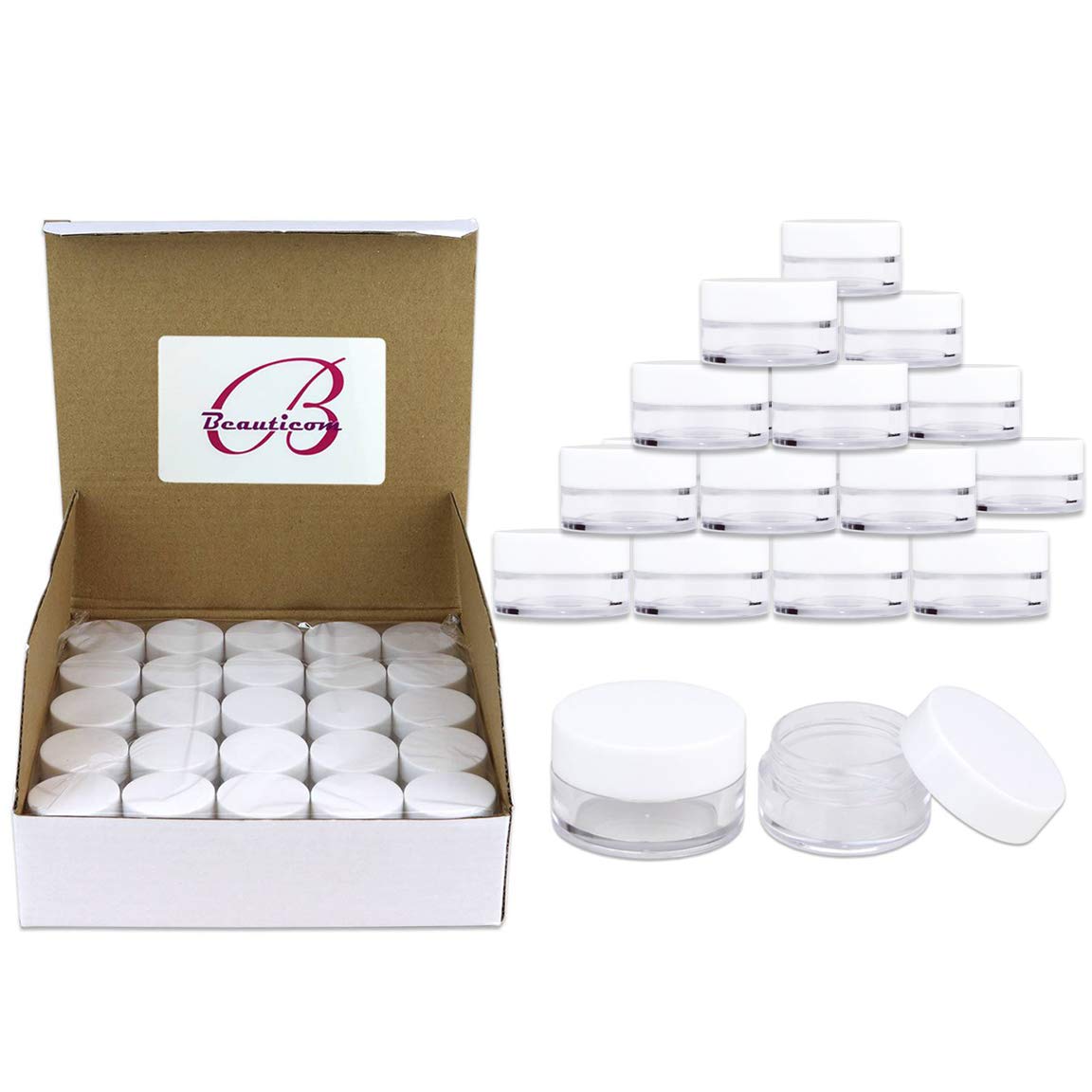 100 Jars - Beauticom High-Graded 5 Grams/5 mL BPA Free Thick Clear Acrylic 100% NO LEAK Plastic Jars empty Container White Lid for Cosmetic, Lip Balm, Beads, Creams, Lotion, Liquids, Sample, Travel