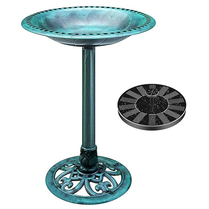 VIVOHOME Polyresin Antique Outdoor Green Garden Bird Bath and Solar Powered Round Pond