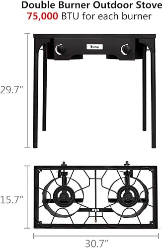 Miniatura 7 de Estufa portátil de 2 quemadores para acampar al aire libre, quemadores de gas propano para cocinar en campamento, 150,000 BTU de hierro fundido de