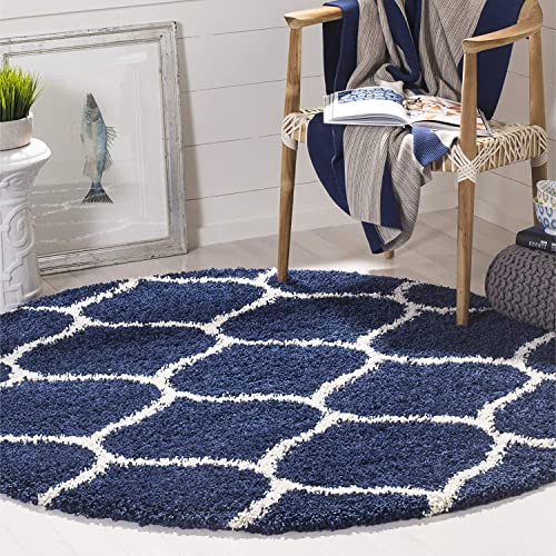 Image of Handwoven Microfibre 3D Rug for Living Room (Navy Blue & Ivory Moroccan, 8 X 8 Feet (Round), Microfibre)