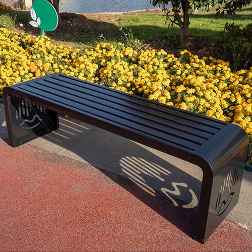 Banc de jardin pour extérieur noir en acier avec assise lattes et motif creux