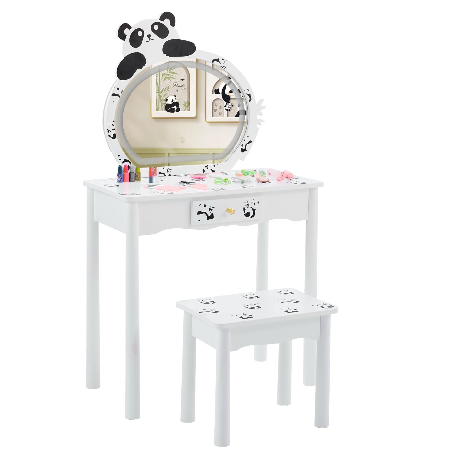 2 in 1 Study Desk and Stool Set,Wood Makeup Vanity Tables,Bedroom Dressing Table Set,Rectangular Wooden Activity Tables,with Mirror,for Small Space Living Room Study Room Playroom (Black &amp; White)