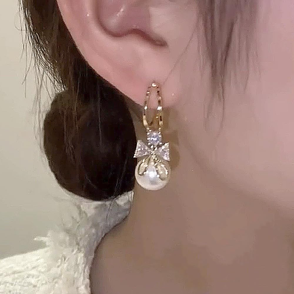 Dainty Bow Pearl Dangle Earrings for Women,18K Gold Cubic Zirconia Bowknot Drop Earrings,Aesthetic Anniversary Jewelry Gift - Image 4