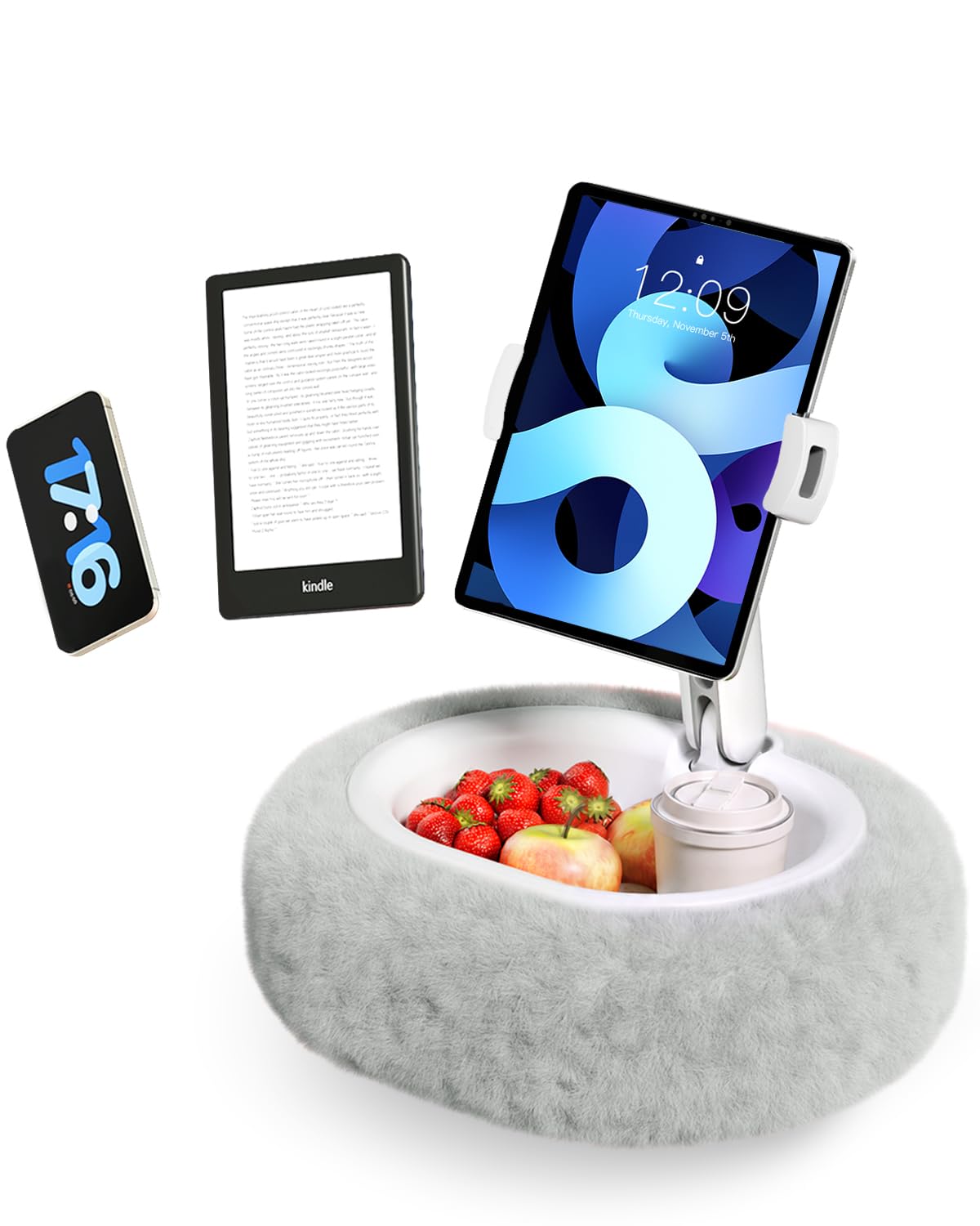 SupeDesk Kindle Pillow Stand - Soft Grey Fuzzy Tablet Holder with Storage Bowl, Hands-Free Lap Stand for Bed Couch - Compatible with Kindle, iPad, Phones & E-Readers (Gray)