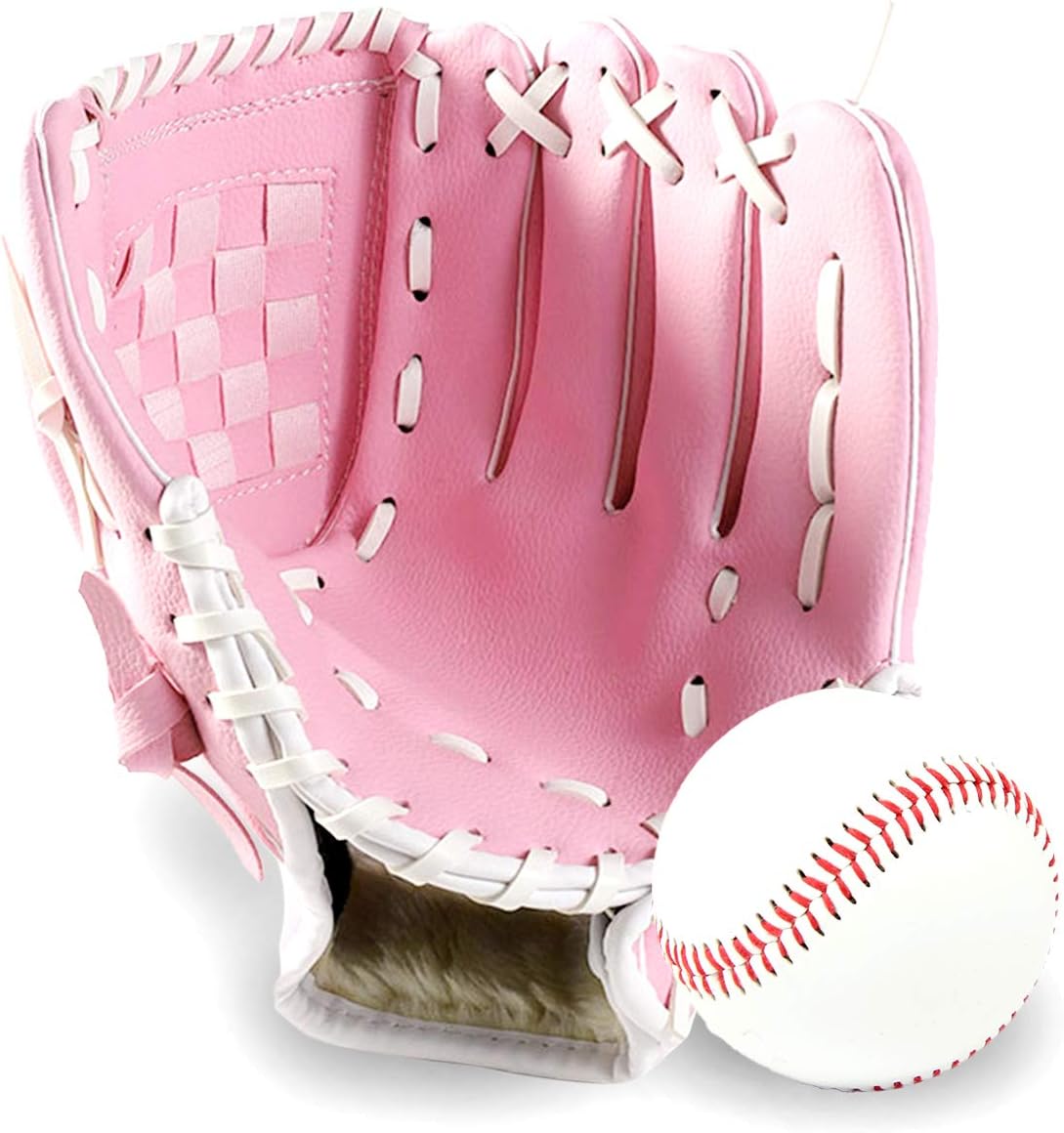 GROOFOO Baseball Glove and Ball for Kids Youth Adults Softball Teeball Training Left/Right Hand Glove with Soft Ball Set Brown/Black/Pink