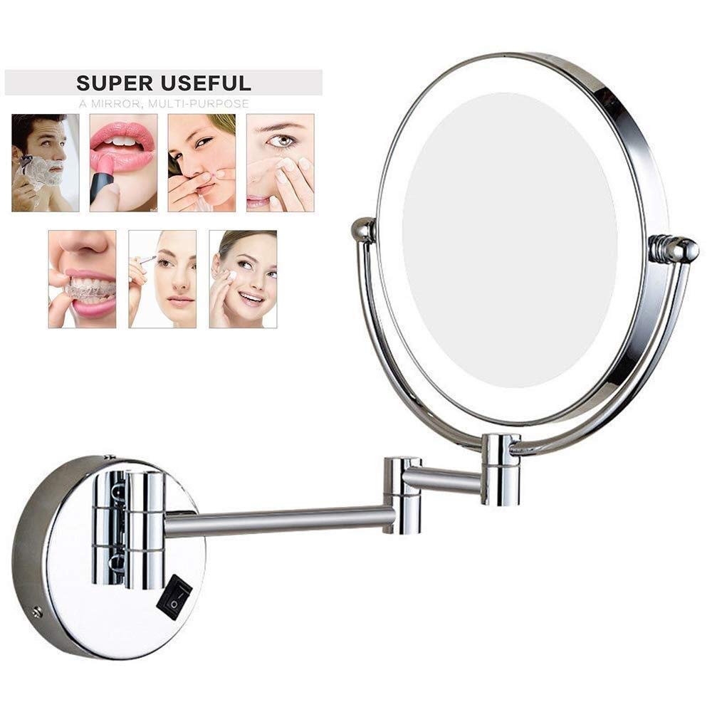 Espejo de Maquillaje LED Espejos montados en la Pared, Interruptor Extensible de Afeitado con Aumento Iluminado de latón de Doble Cara de 8 ", Enchufe Oculto (Color : 7X)