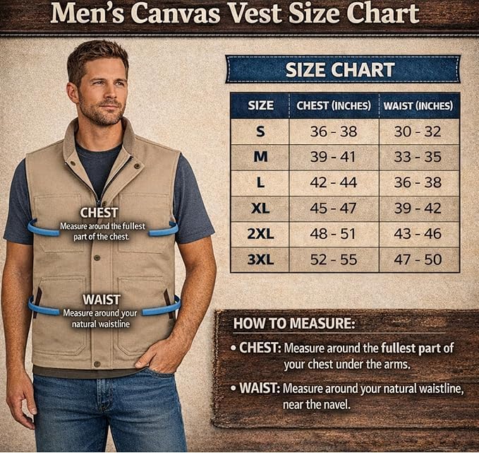 Riparo Men’s Insulated Canvas Vest – Tactical Utility Vest with Dual Internal Pockets, Durable Outdoor Work Vest - Image 4
