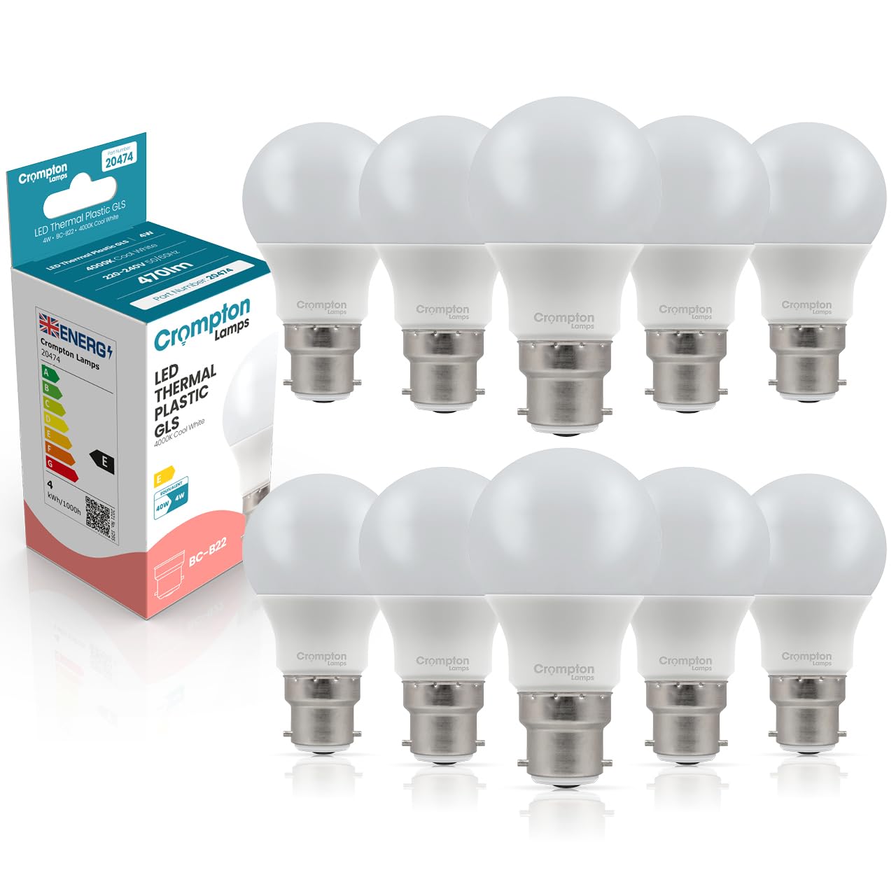 Crompton Lamps GLS LED B22 Bulb | 4W = 40W Equivalent | Cool White 4000K | Energy Efficient | Bayonet Lightbulb | Long Life 15,000-Hrs | Bulbs for Lamps | 10-Pack
