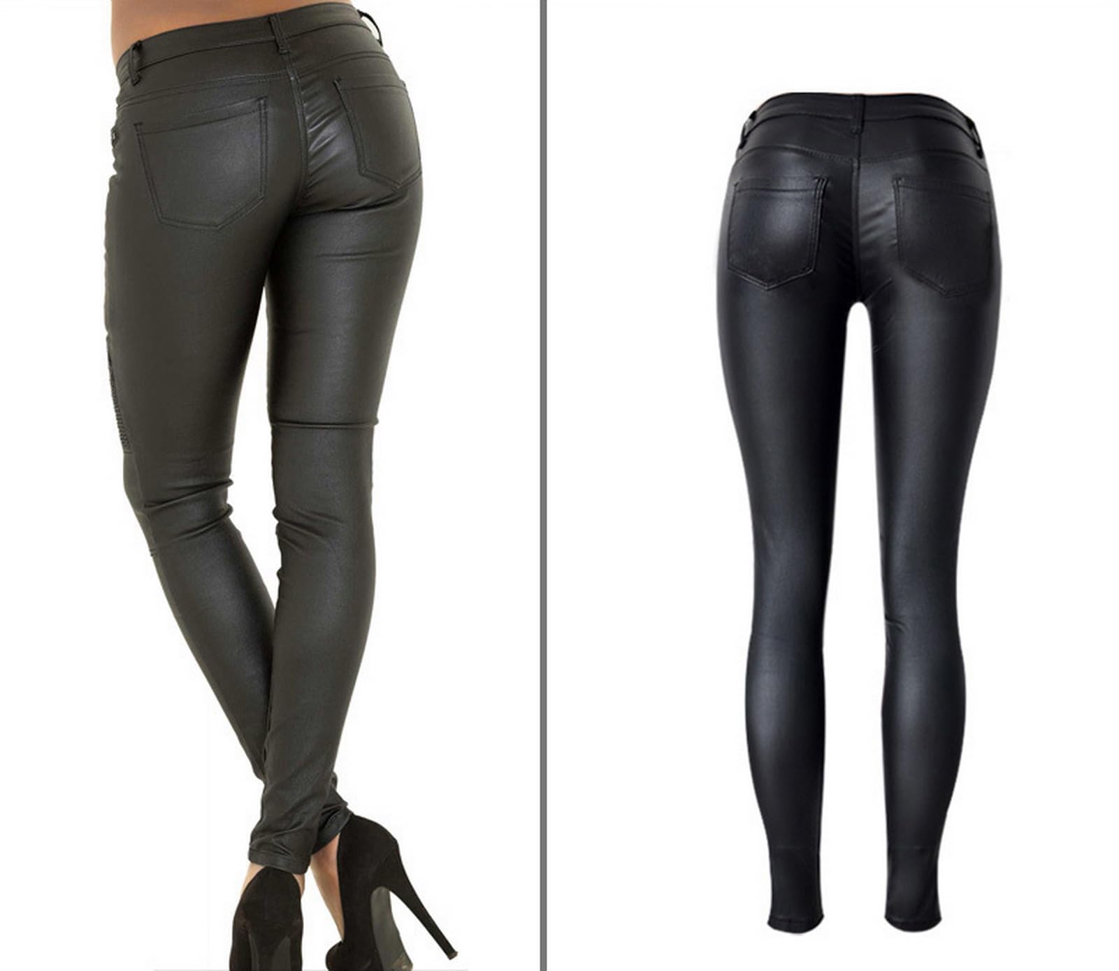 Schwarze Hose aus PU-Leder beschichtete Denim-Hose für Damen, sexy, enganliegend, dehnbar, Reiter-Leggings