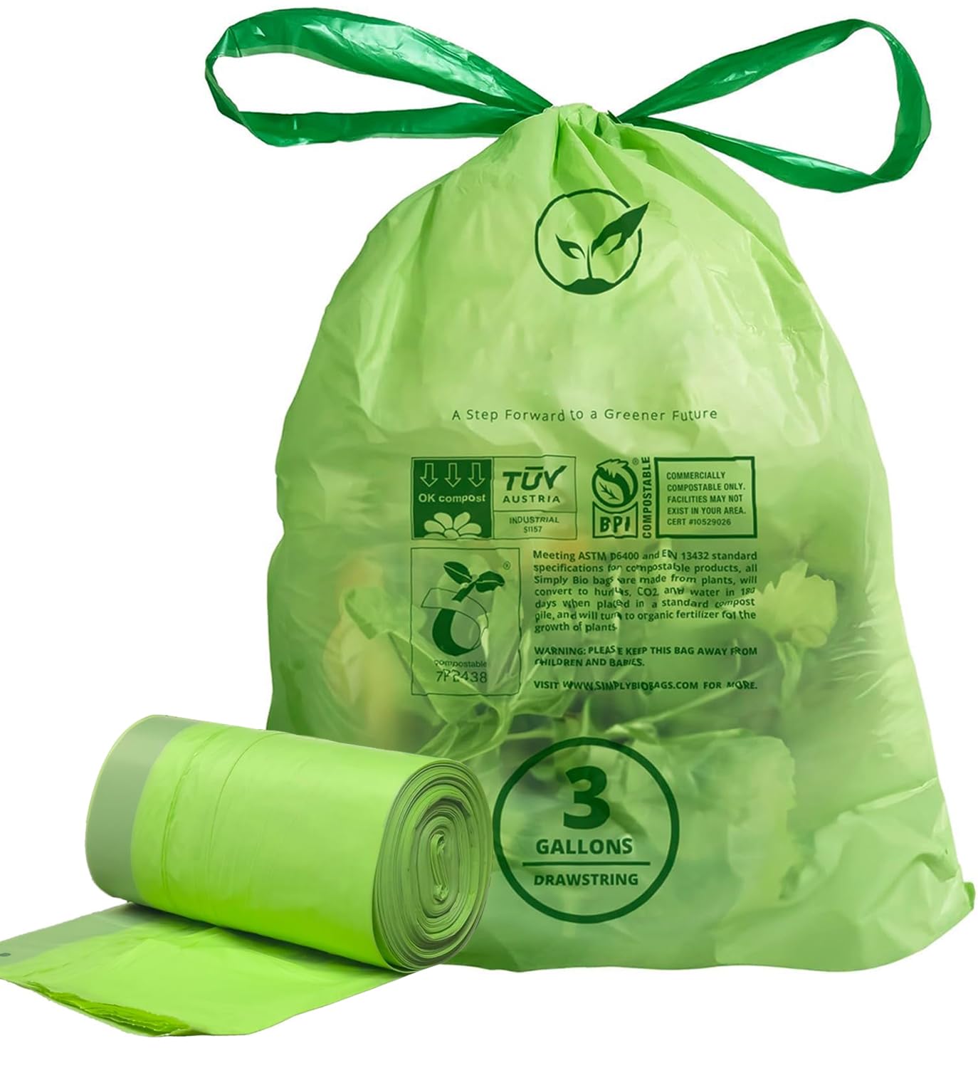 3 Gallon Compostable Trash Bags with Drawstring, Heavy Duty Extra Thick 1 Mil, 11.35 Liter, 50 Bags, Small Kitchen Food Scrap Waste Bag, ASTM D6400, US BPI and OK Compost Home Certified