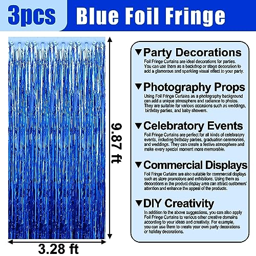 Image of 3 Pack Blue Foil Fringe Curtain Backdrop, 3.28Ft x 9.8Ft Metallic Tinsel Foil Fringe Streamer Curtains for Photo Booth, Christmas Day, Thanksgiving, Wedding, New Year Party Decorations