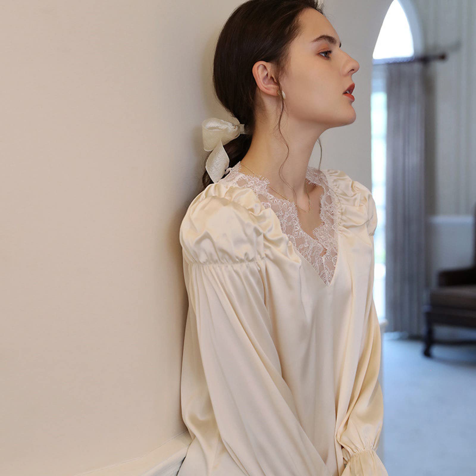 OFFSUM Camicia da Notte Donna - Elegante Camicia da Notte Casual in Pizzo Stile Francese con Scollo A V Primavera Estate Vintage in Raso Tinta Unita Abito da Notte