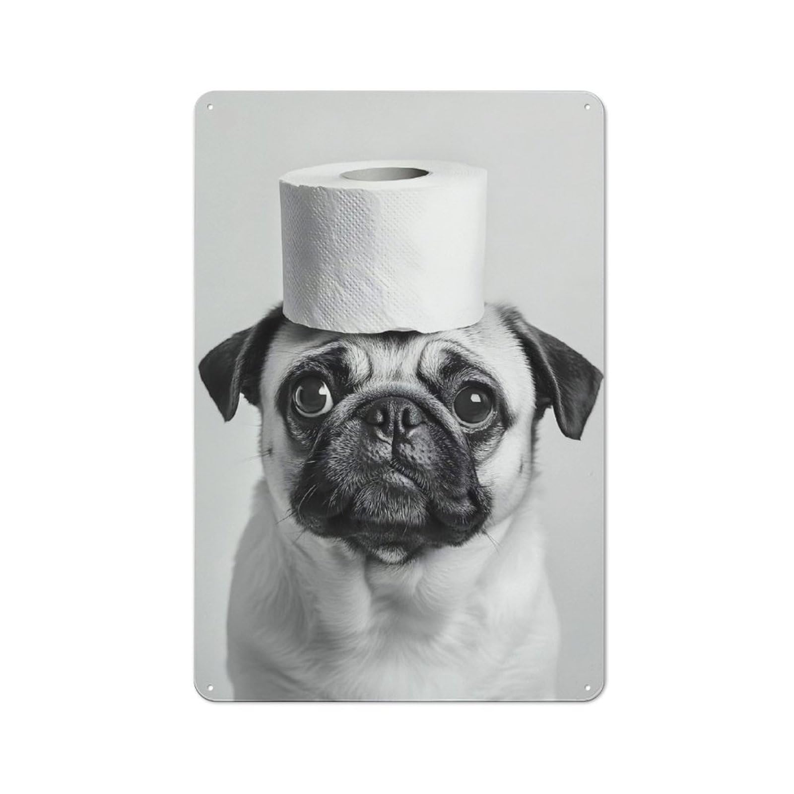 Junmoney Style-4 Metal Wall Sign 30X20cm Featuring Pug With Toilet Paper Hat For Café Or Restaurant, A Decorative Metal Sign For Cafés And Restaurants