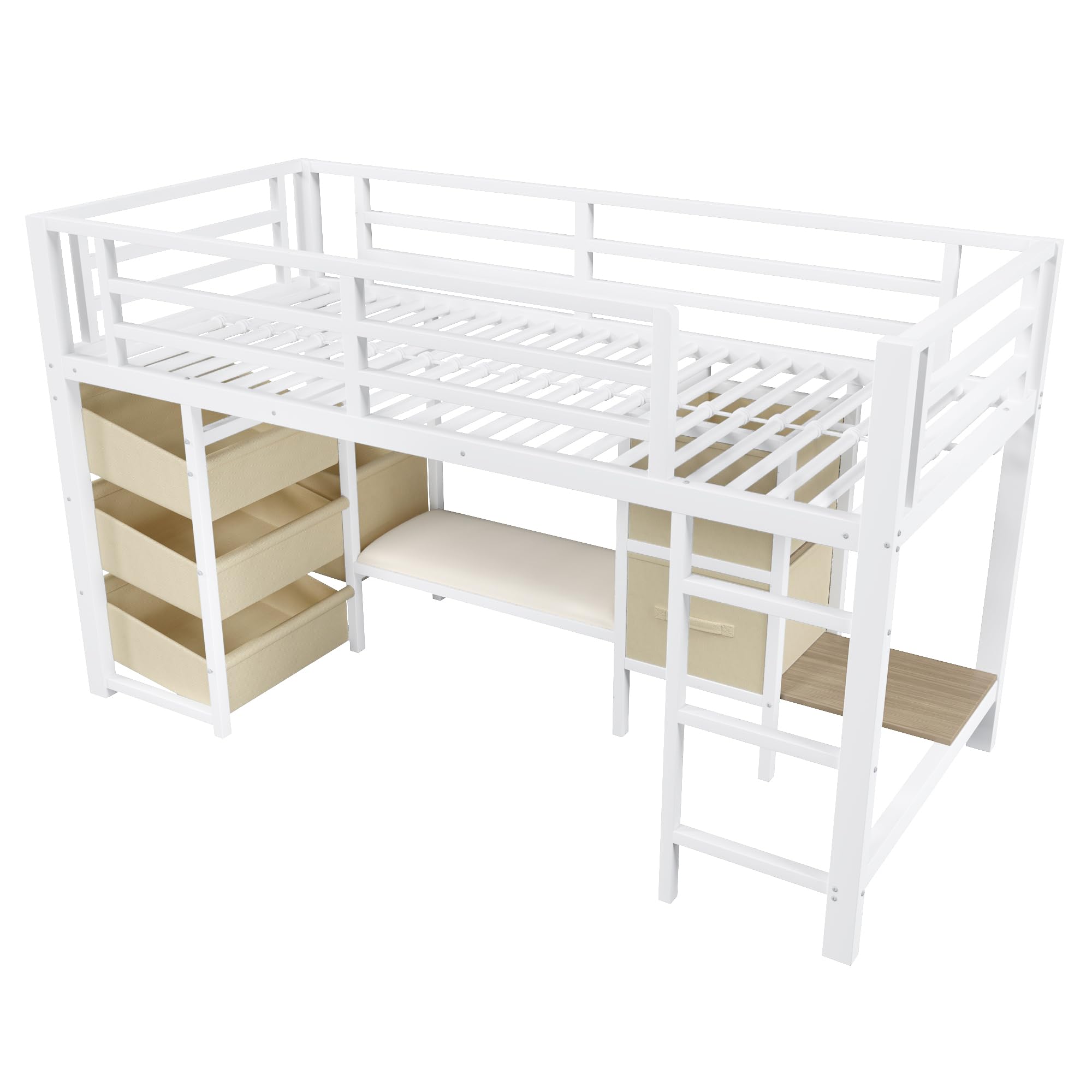 Lit enfant 90x200 avec LED,coussin d'assise,tiroir de rangement en tissu,sac de rangement en tissu,espace patère,lit mezzanine enfant en métal,cadre de lit mi hauteur 90x200 avec sommier (A-Blanc)