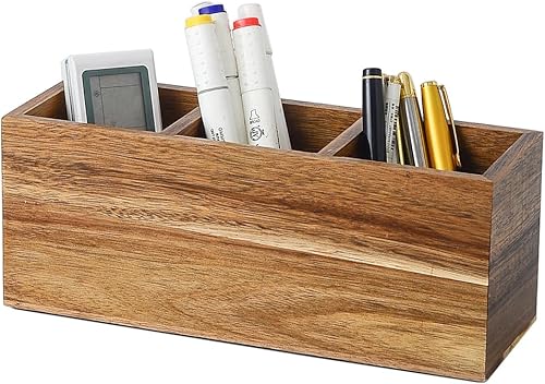 Soporte para lápices de madera para escritorio, soporte para control remoto, organizador de almacenamiento de escritorio con 3 compartimentos,