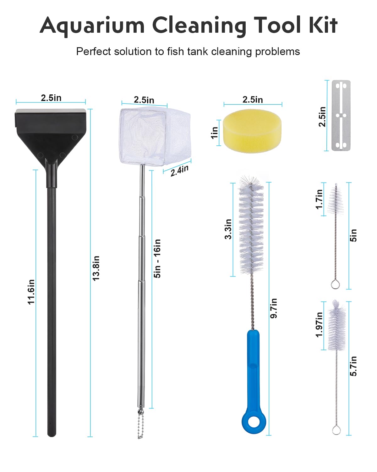 URUQ Kit de limpieza para peceras: raspador de algas para acuarios, herramientas limpiadoras de vidrio con asa, juego de accesorios de limpieza 7 en 1 para peceras Betta, incluye red de pesca, cepillo