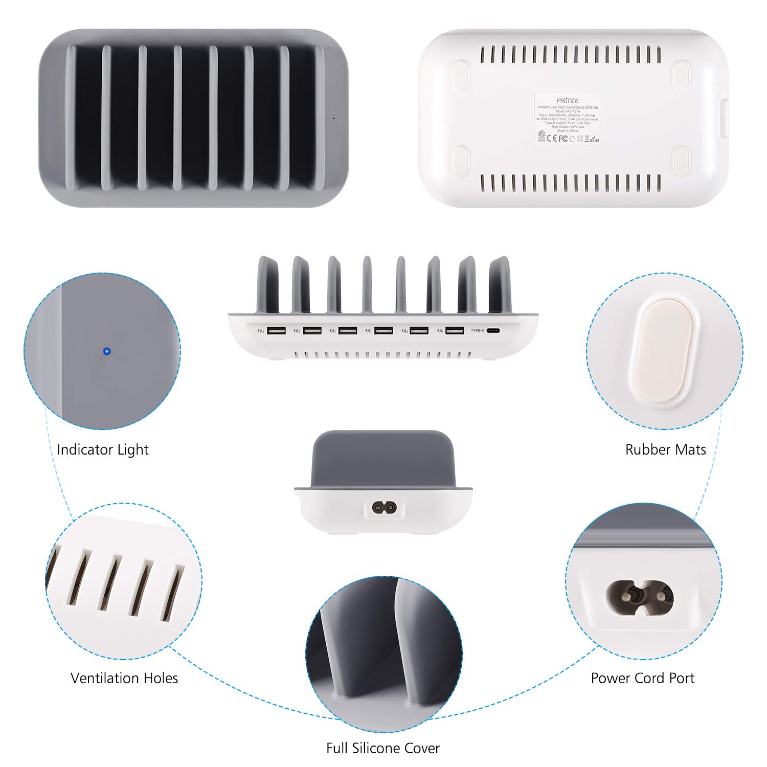 USB Ladestation 60W/12A 7 Anschlüsse Desktop Ladestation für Mehrere Geräte mit 6 Ai USB Anschlüssen + 1 USB-C Anschluss mit 7pcs Kurz USB-Kabel (weiß)