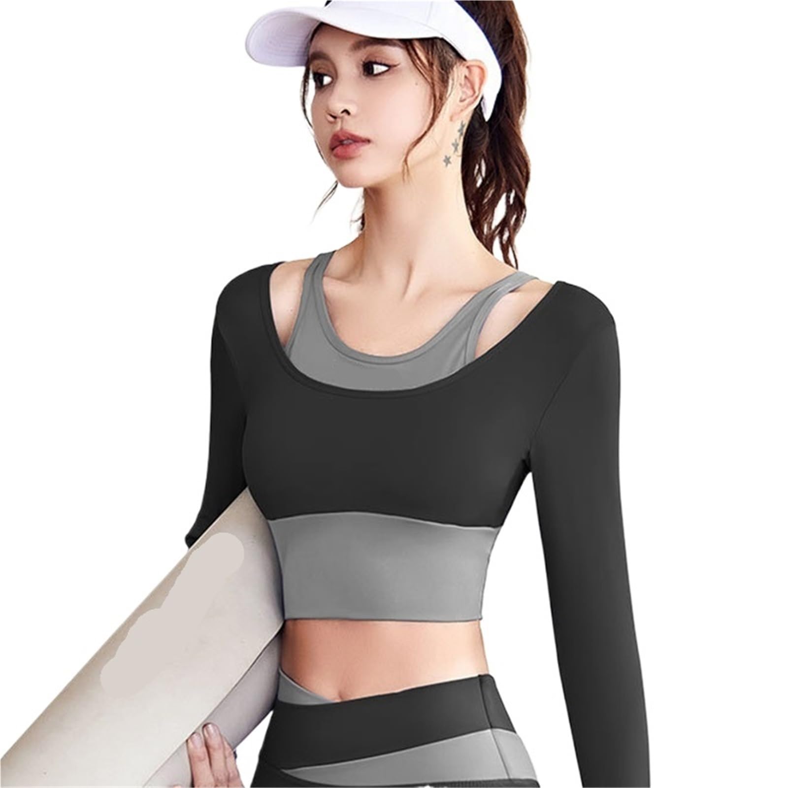 Top Sportivo Donna Camicia Sportiva da Donna Falso Due Pezzi Crop Top a Contrasto Collant Top da Palestra Camicie da Yoga Abbigliamento Sportivo Fitness Corsa Canotta da Allenamento(Black,M)