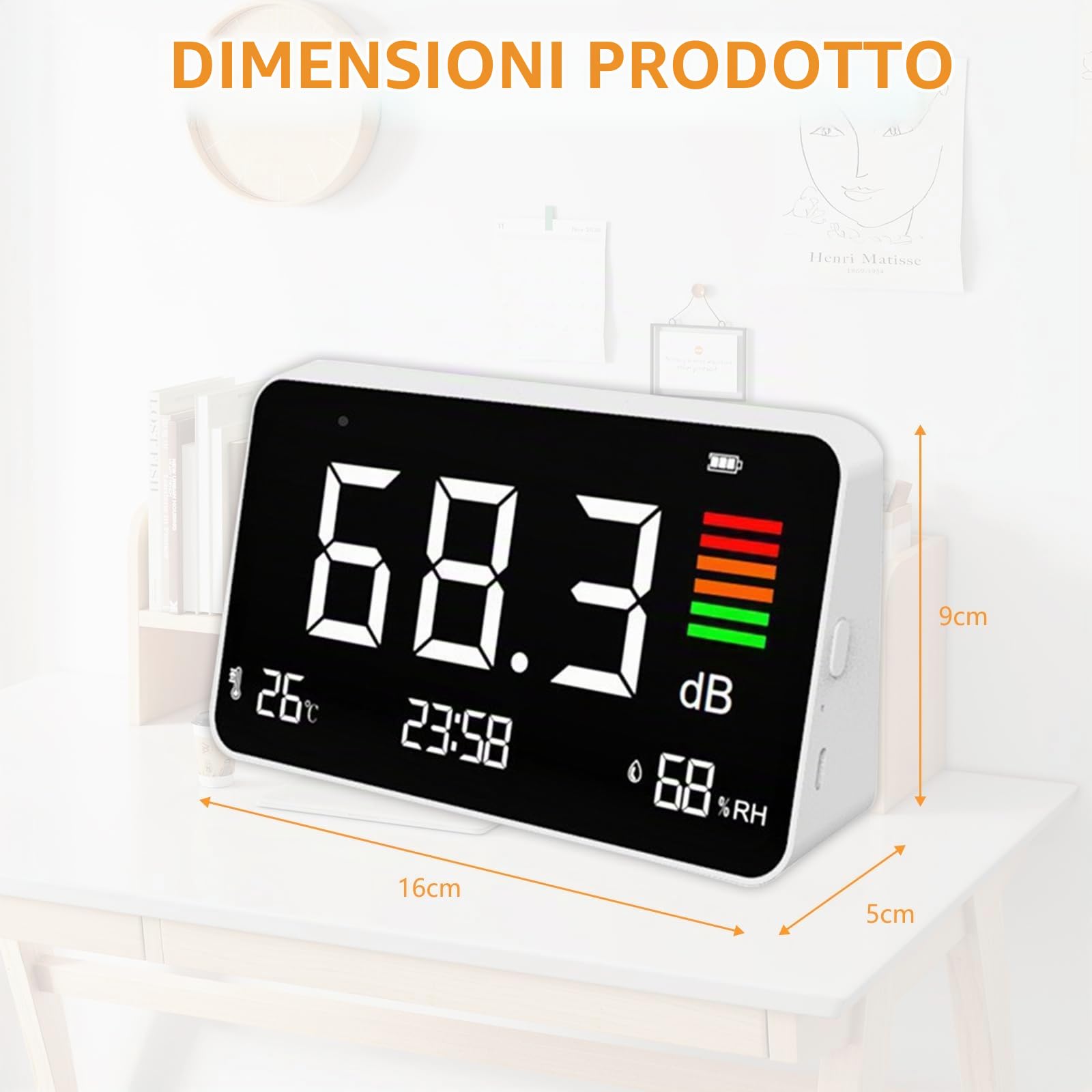 Fonometro, 4 in 1 Decibel Meter 30-130db Misuratore di decibel Decibel Volume Rumore Teste, LED Fonometro Misuratore Decibel/Temperatura/Umidità per Casa Ufficio Scuola Ristorante Fabbrica