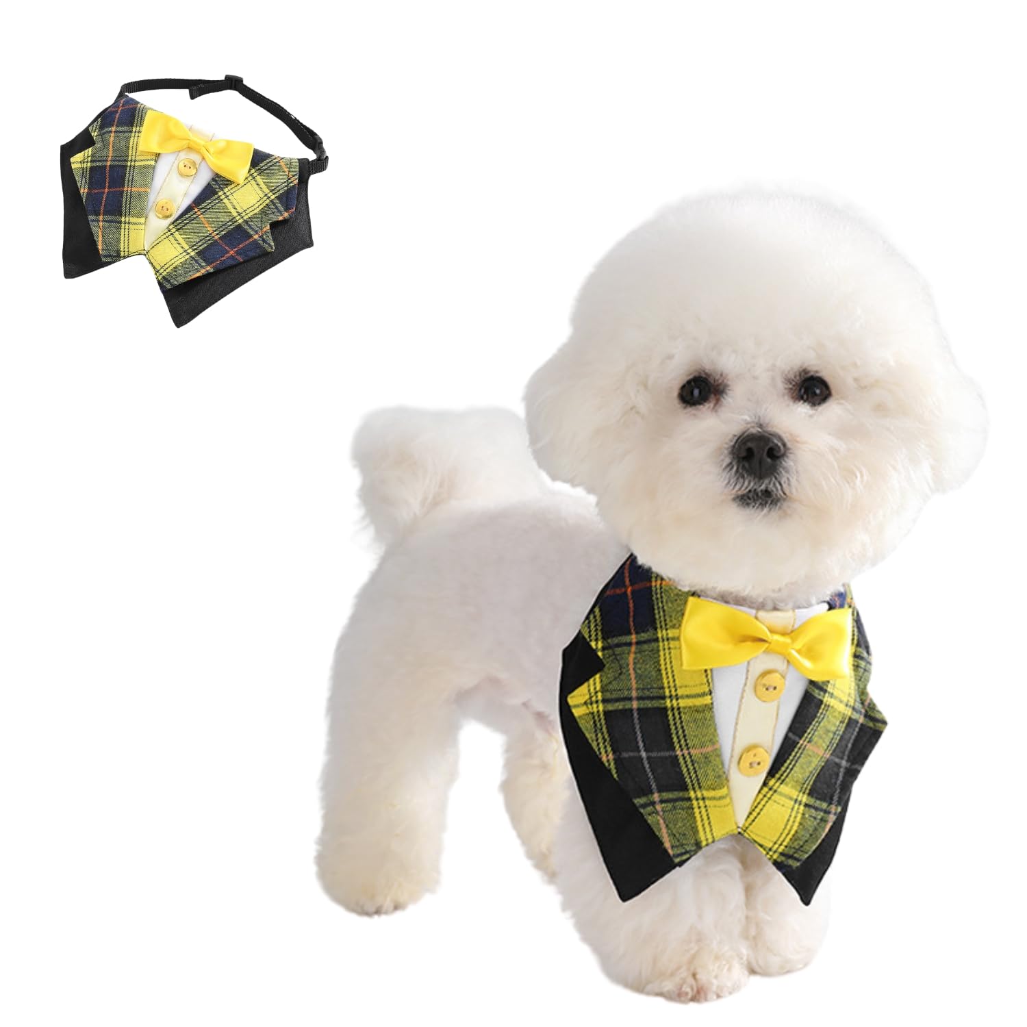 Small Dog Tuxedo Bandana,Formal Dog Wedding Bib Kerchief Adjustable Dog Valentines Bowtie Scarf Party Tux for Cat Puppy Small Dog_M(Yellow)