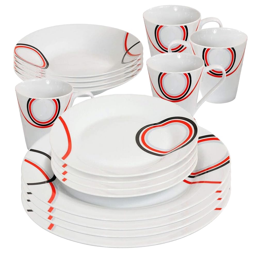 Bargains-Galore Red & Black Patterns 16 Piece Dinner Set - Dinnerware Set | 4 Bowls, 4 Side Plates, 4 Mugs, 4 Soup Plates | Kitchen Microwave & Dishwasher Safe - For Cereal, Desserts, Porcelain Cup, Gift