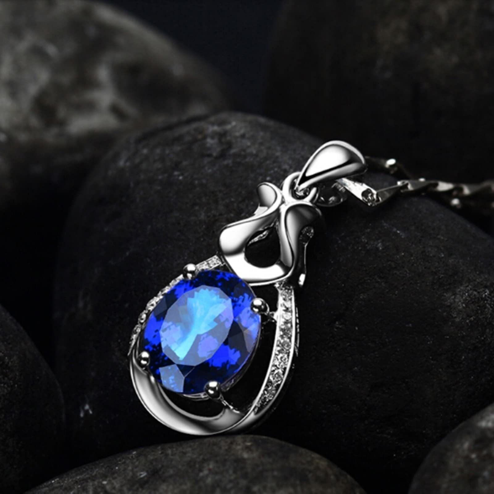 Naszyjnik z tanzanitem dla kobiet, białe złoto, amulet dla kobiet z tanzanitem 2,1 ct i stworzonym diamentem, regulowany łańcuszek 40 cm i przedłużka 5 cm