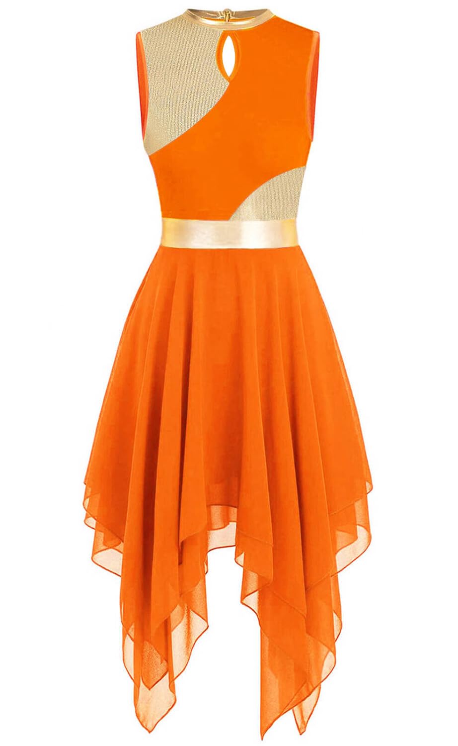 ELLYDOOR Praise Dance Tunic Dresses for Women Sleeveless Gold Color Block Irregular Flowy Skirt Worship Lyrical Dance Costume