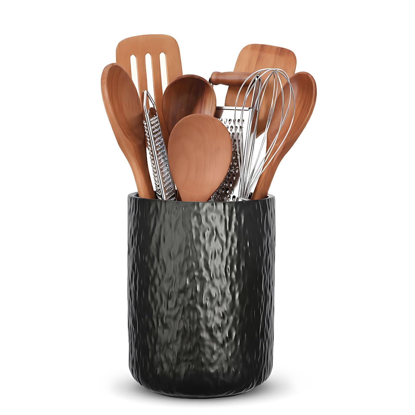 Utensil Holder,H16xD12cm Ceramic Kitchen Utensils Holder,Large Cooking Utensil Pots for Kitchen Counter,Morden Utensil Organizer for Spatula(Black Rock)
