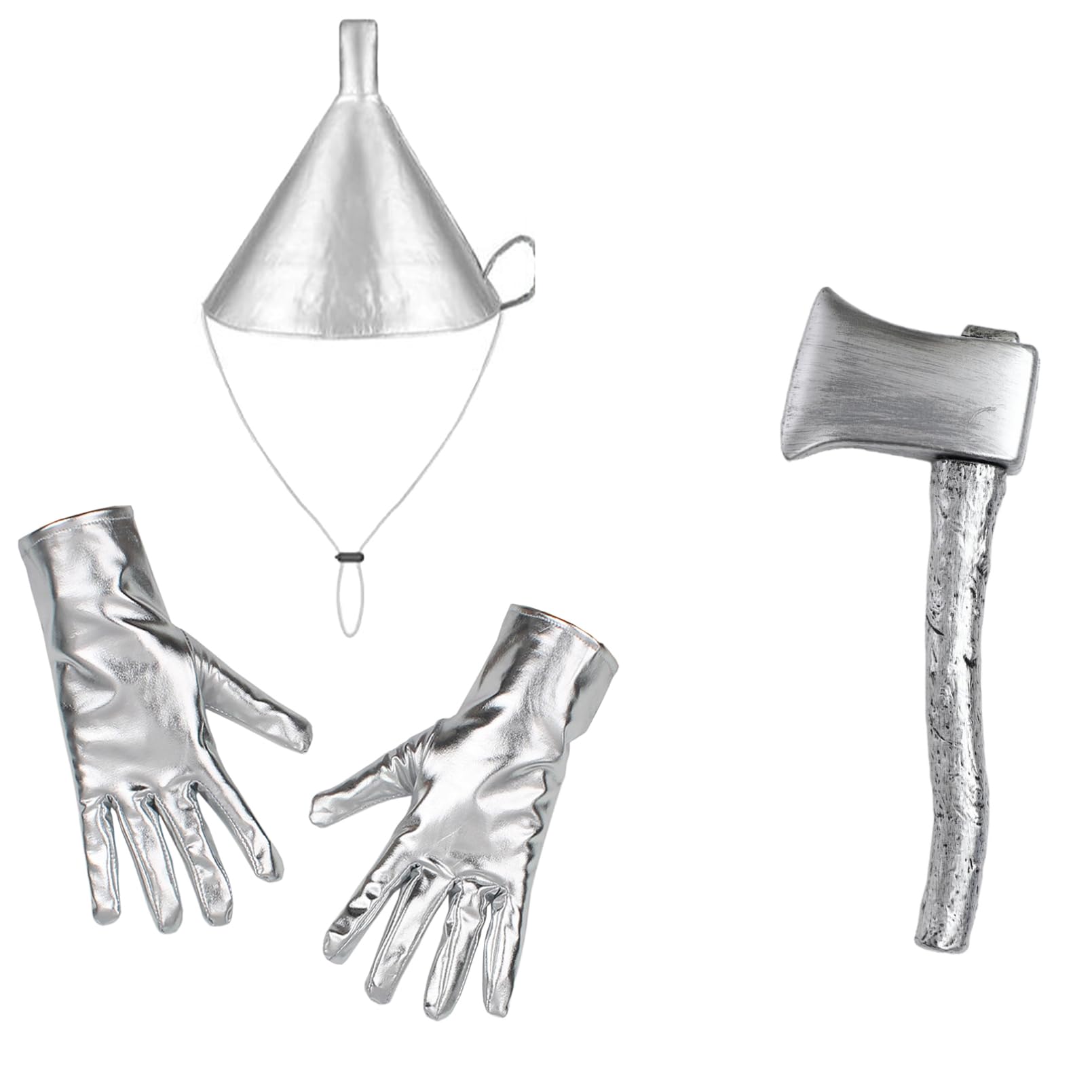 inhzoy Silver Tin Man Costume Set Funnel Hat with Heart Brooch Axe Prop Clock Gloves for Cosplay Accessory Items Hat Axe and Short Gloves One Size