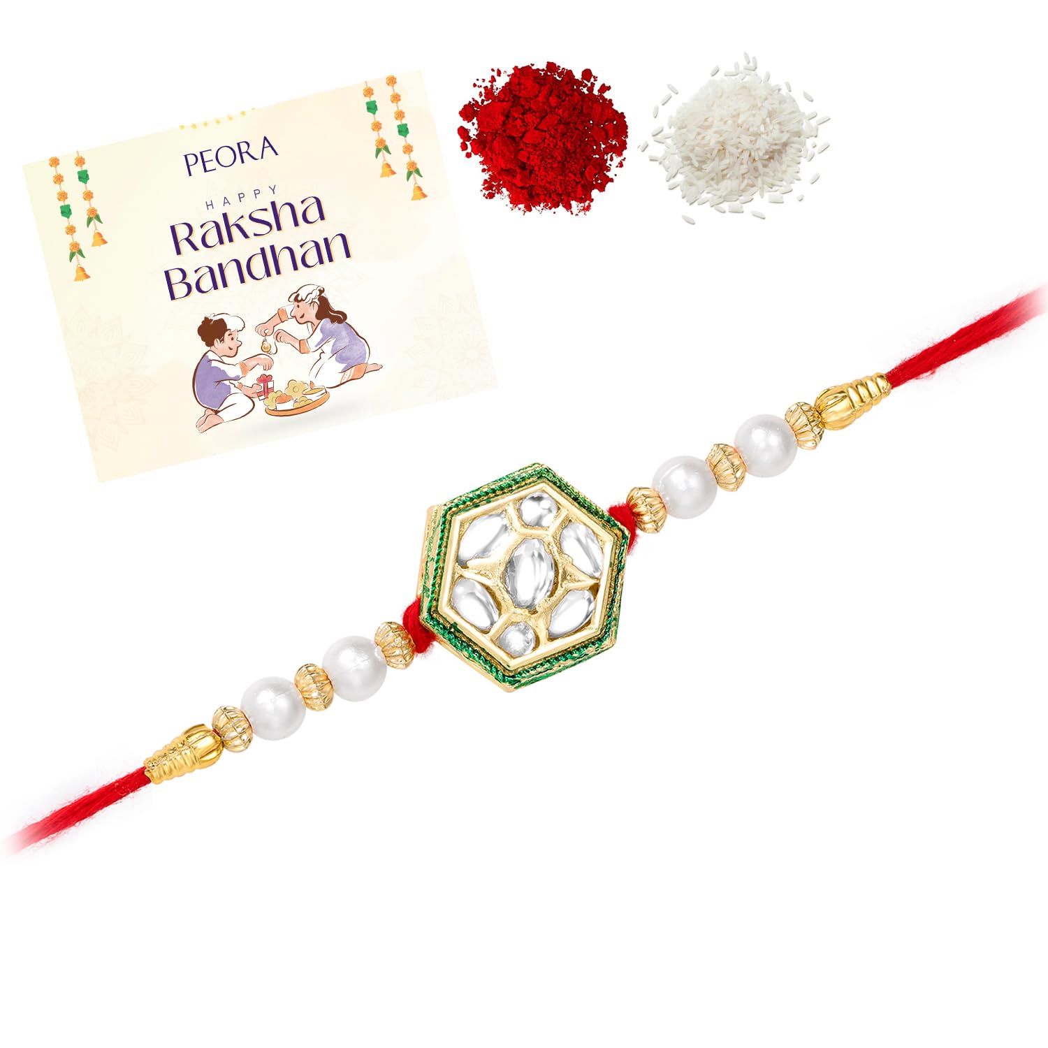 Peora Crystal Beads Studded Elegant Thread Rakhi for Brother Bhaiya with Roli Chawal Rakshabandhan Greeting Card for Boy