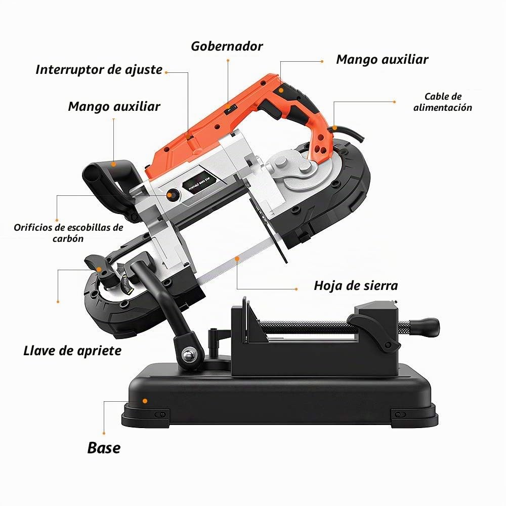 Anbull Sierra de cinta de metal con foco LED, 1100 W/230 V, ajustable 0 – 45 °, sierra de cinta con base extraíble, banco de trabajo de acero aleado