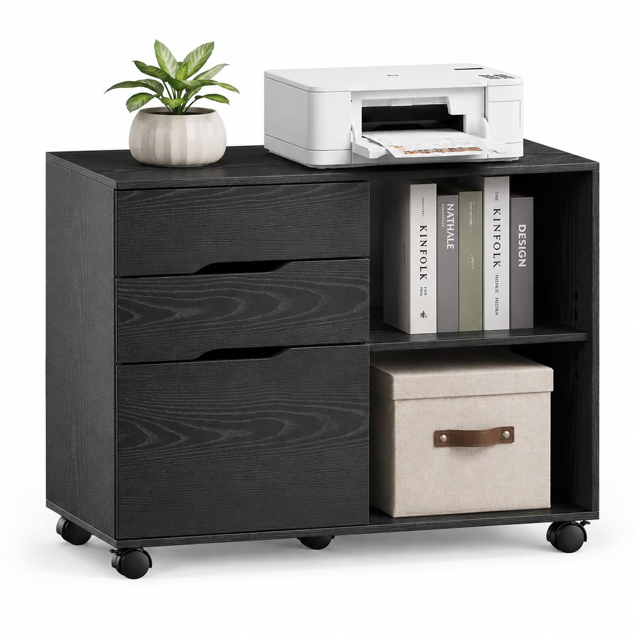 Simple Deluxe 3 Drawer Rolling File Cabinet, Wood Printer Stand with Adjustable Shelf for Home Office Study Organizatiom, Black