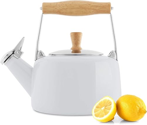 Miniatura 8 de Chantal SVEN - Tetera silbante esmaltada sobre acero con mango de madera natural, 1.4 cuartos de galón (blanco)