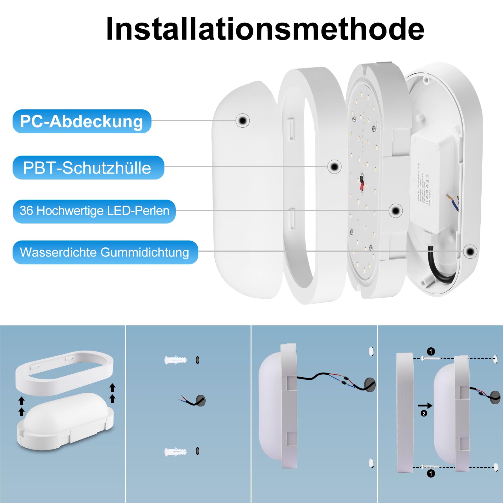 3 Stücke Wandlampe mit Bewegungsmelder, IP65 Kellerleuchte mit Dämmerungssensor, 12W Feuchtraumleuchte, 1080LM LED Deckenleuchte, 4000K Lampe Oval für Keller, Flur, Garage, Balkon
