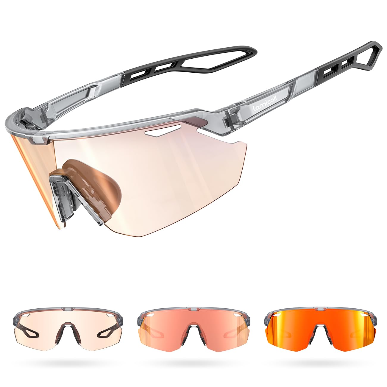 Lamicall Fahrradbrille Herren, Schnelle Brille Damen - [3S Selbsttönend] [28g TR-90 Ultraleicht] Sonnenbrille Fahrrad mit Verstellbare Nasenpad & Bügel, UV400 Laufbrille Sportbrille für Fahrrad/Laufen